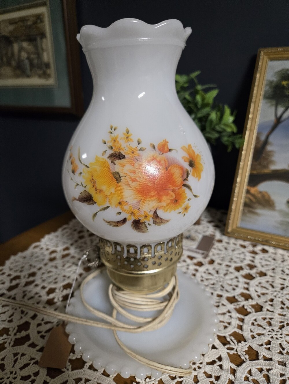 Vintage Milk Glass Floral Hurricane Table Lamp